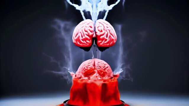 A colorful brain model encased in a glass dome with vibrant neural lights connecting with artificial intelligence. Dopamine fasting mental health digital detox motion concept
