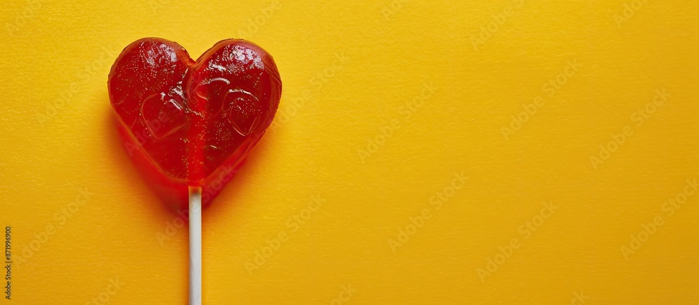 Poster Valentine's heart-shaped lollipop on a yellow backdrop with top view for text in the image.