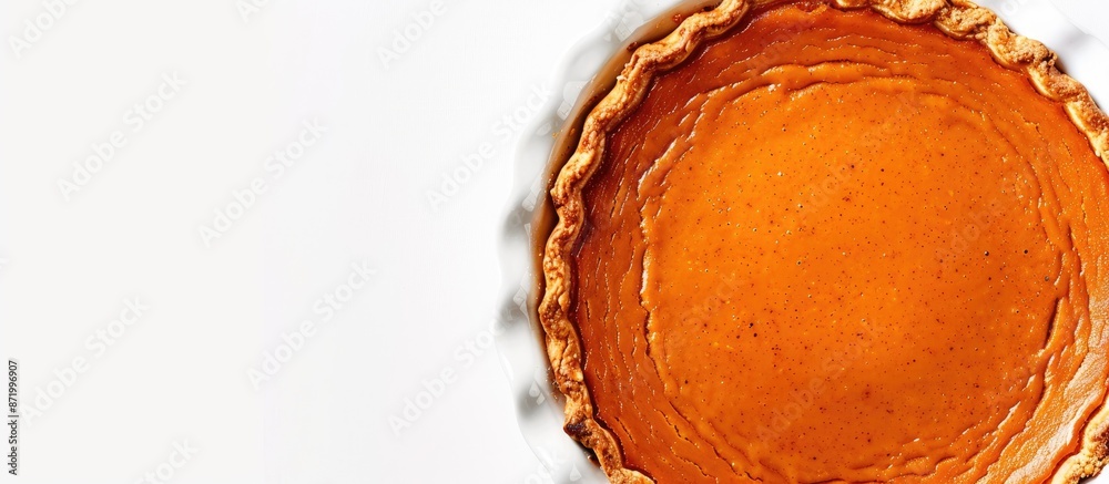 Aufkleber close-up of a delicious pumpkin pie in a baking dish on a white background with copy space image.