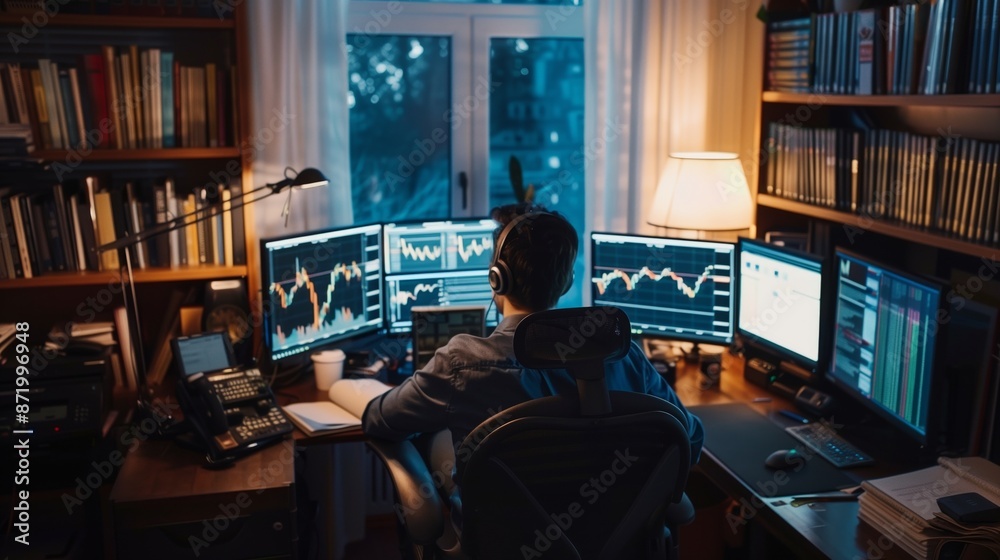 Leinwandbilder A man works late into the night analyzing stock market data on multiple computer screens. He sits at his desk in a dimly lit room surrounded by bookshelves.
