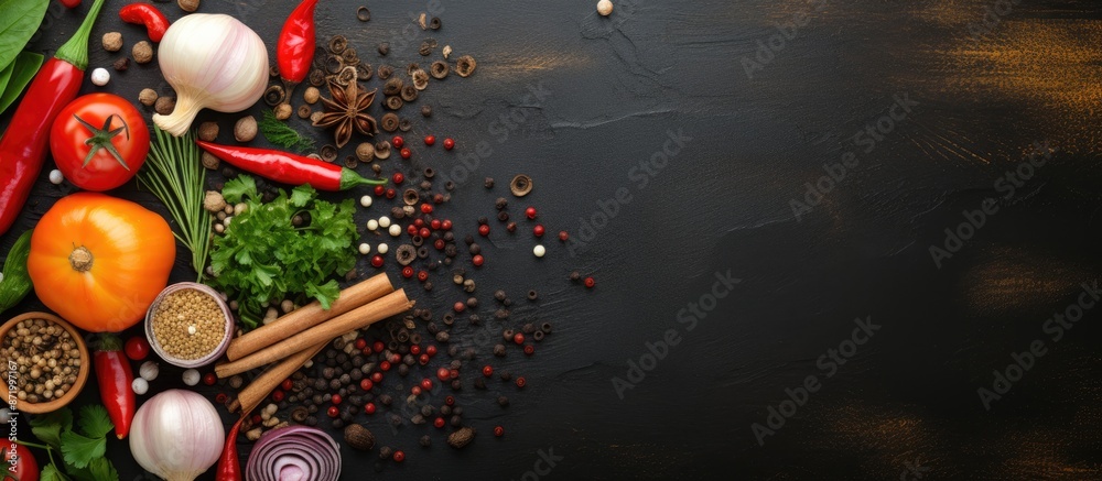 Aufkleber top-view copy space image with vegetables and spices for your text on a cooking banner backdrop.
