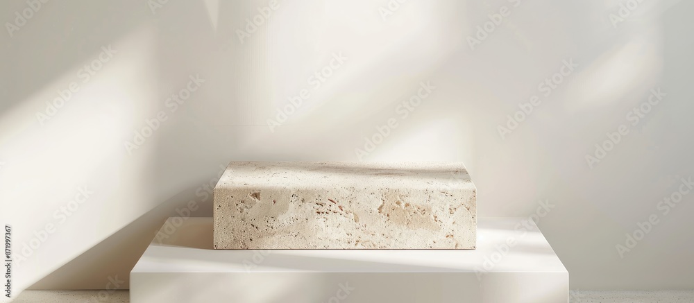Aufkleber Front view of a travertine-tiled product presentation podium against a white backdrop, suitable for showcasing items in a copy space image.
