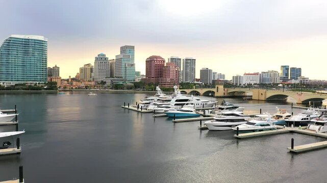 Full aerial moving view of West Palm Beach, Florida skyline.
