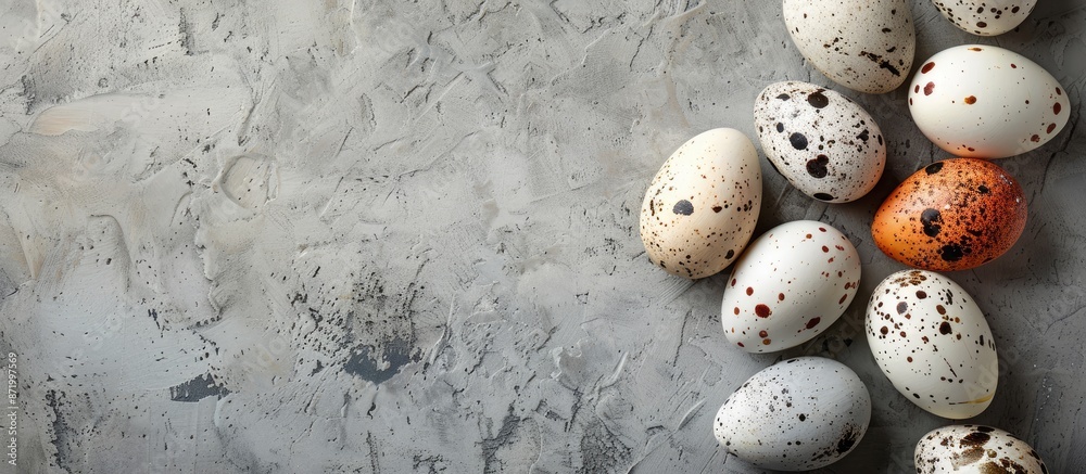 Poster Quail eggs painted for Easter displayed on a textured concrete background with copy space image available.