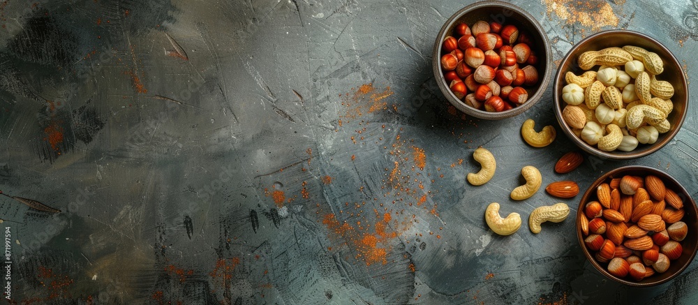 Aufkleber flat lay of various nuts like hazelnuts, cashews, and almonds in bowls on a textured background with
