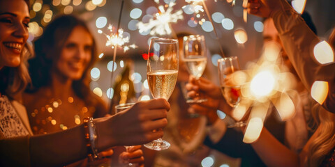 Celebratory Toast with Champagne and Sparklers at Festive Party Event