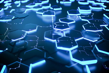 Obraz premium Futuristic Blue Hexagonal Network with Glowing Lines Representing Digital Technology and Cyber Connections