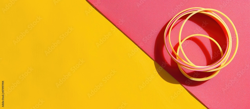 Poster Aerial perspective of a rubber band on a pink exercise mat against a yellow backdrop with empty space for adding an image.