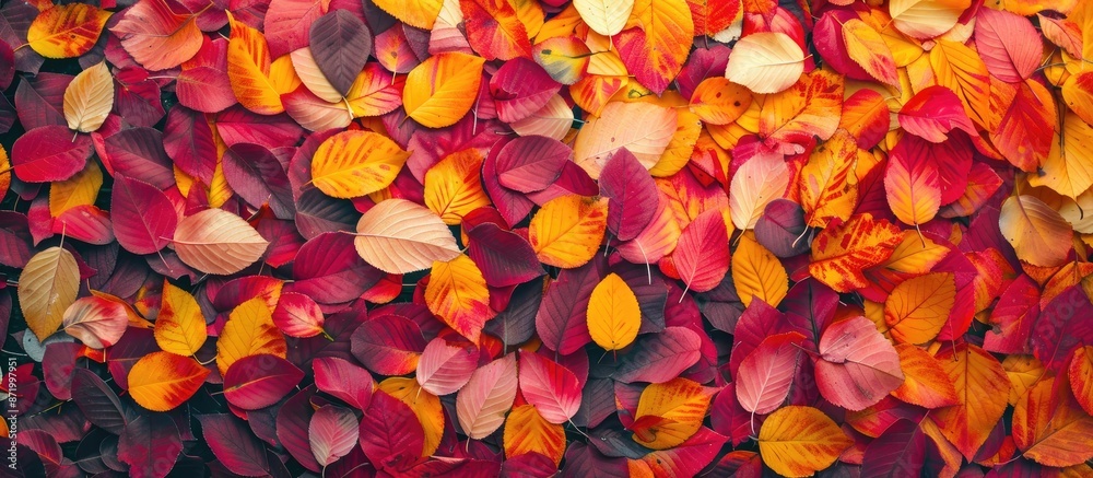 Poster Vibrant autumn leaves creating a colorful backdrop with copy space image.