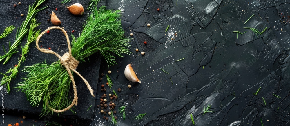 Aufkleber Top-down view of a bundle of fresh dill tied with a decorative rope and bow, surrounded by a blend of garlic and various spices on a black board, featuring copy space image.