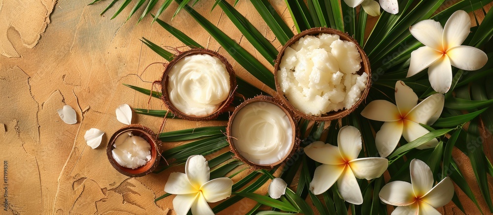 Poster coconut oil and cream with exotic foliage and blossoms create a serene natural spa setting in a copy