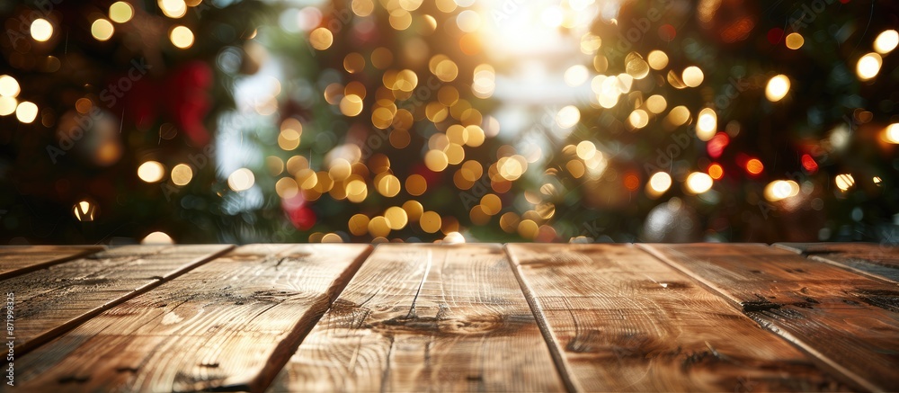 Poster Blurred Christmas-themed background with a wooden table in front, creating space for text. Soft focus adds to its artistic appeal. Copy space image included.