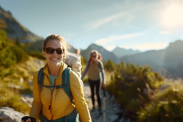 Female hiker smiling while trekking on scenic mountain trail surrounded by nature