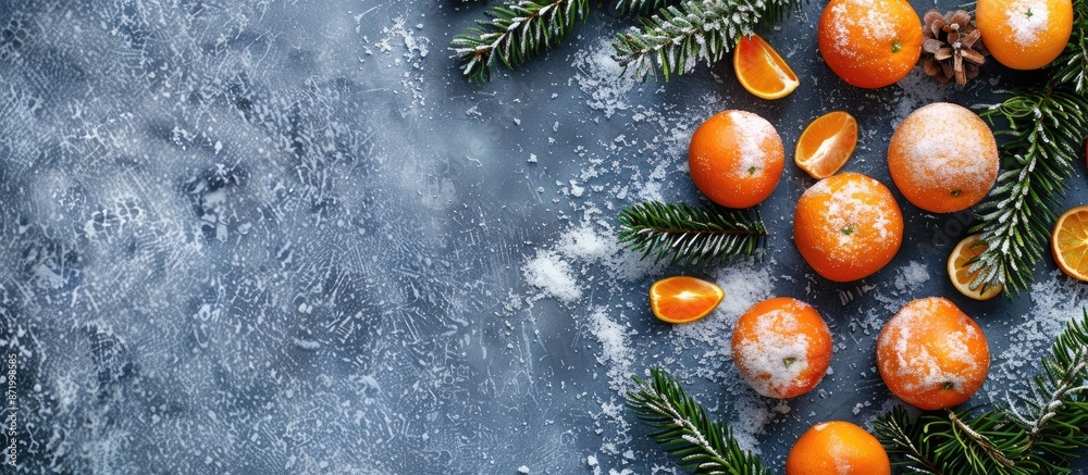 Poster Top view of a Christmas background featuring a stone surface adorned with snow, a fir tree, and tangerines, creating a festive display with room for additional content.