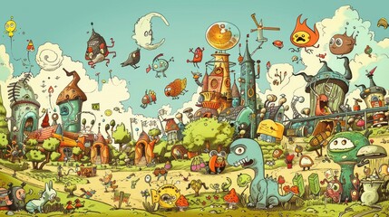 Fototapeta premium Detailed hand-drawn cartoon illustration background with quirky characters and a lively setting, great for storytelling