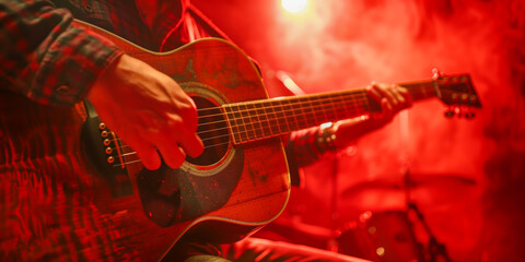 Fototapeta premium Acoustic Guitar Player on Stage in Red Lighting Performing Live Music Concert