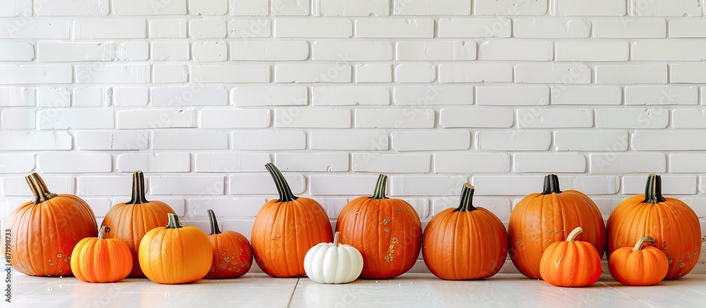 Poster pumpkins with a white brick wall as a backdrop creating a copy space image.