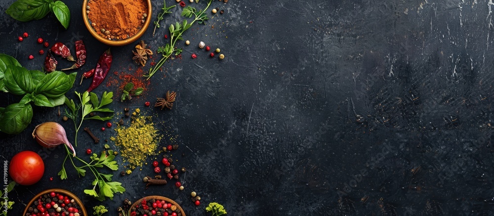 Poster Top view of spices and herbs for cooking displayed on a black table with an unoccupied area for insertion of an image.