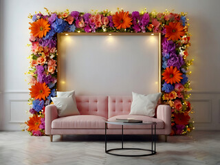 Living room with flower picture frames.