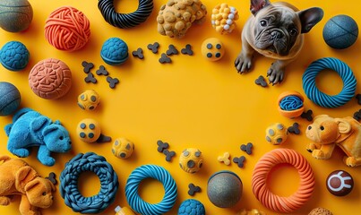 frame of different pet toys, training accessories on yellow background flat lay top view pet shop banner template.image
