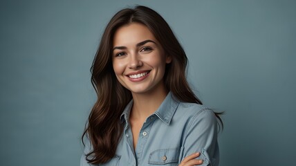 Fototapeta premium Lovely brunette lady in casual attire against a solid light blue backdrop, with arms wrapped around herself, smiling joyfully and confidently