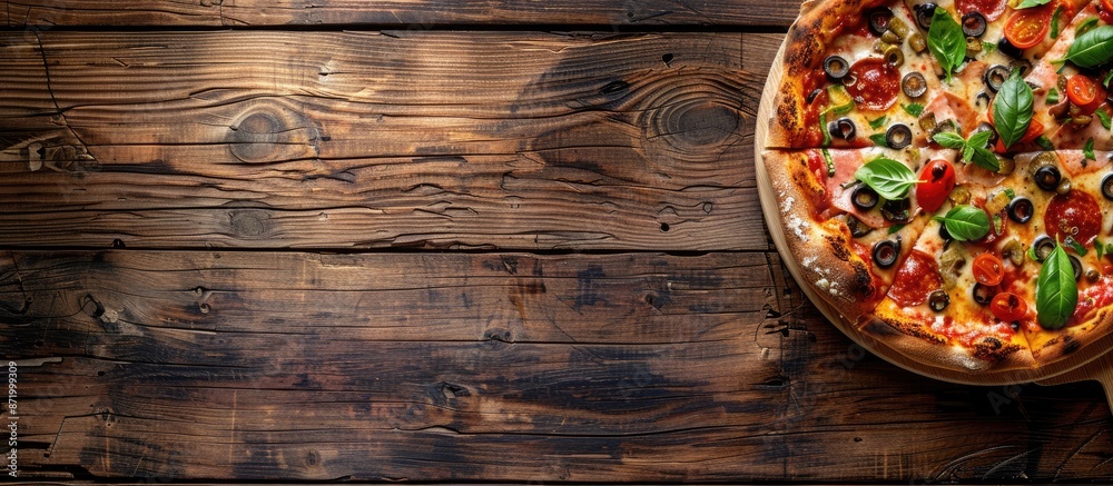 Poster wooden background with a delicious pizza on a board, perfect for placing your text near the copy spa