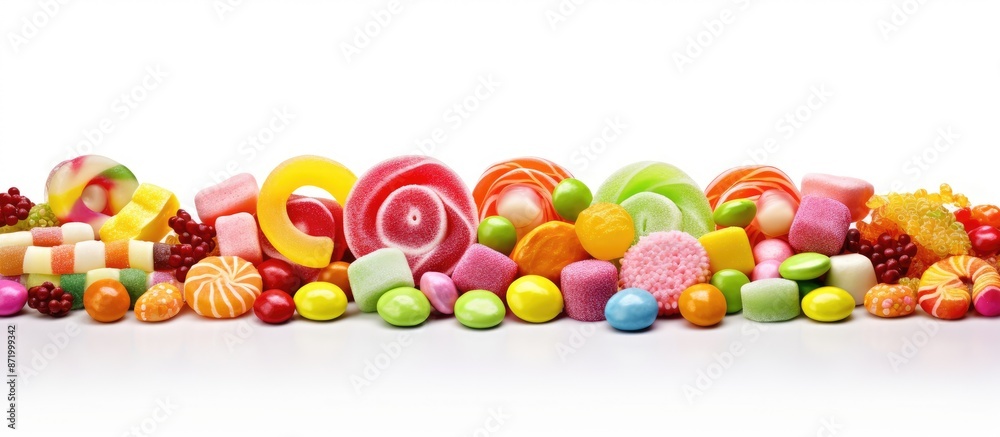 Poster Various types and flavors of candies up close on a white background with copy space image.
