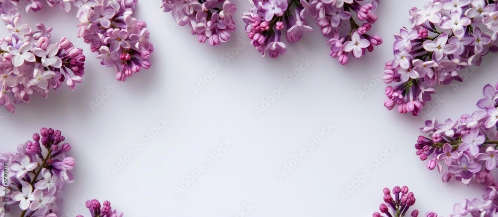 Sticker White background with lilac blossoms creating frame, ideal for copy space image.