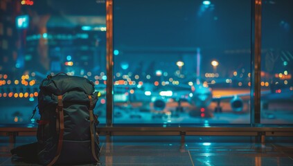 Backpack of a traveler waiting in an airport terminal