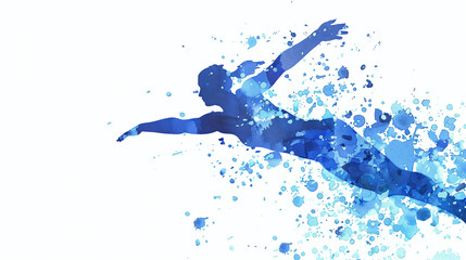 Blue Ink Painting of swimming event Silhouette: Light Blue swimmer Watercolor Style with Splash Effects.