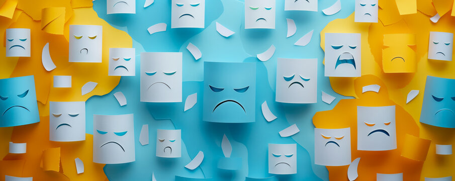 Close up to abstract illustration of an angry crowd made out of cut paper. Teamwork and social society concept.