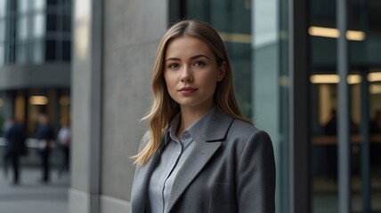Portrait of a young woman in a grey coat standing near the main door of a sleek office building in a bustling business district
