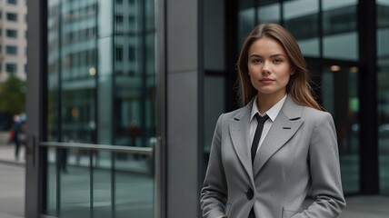 Portrait of a young woman in a grey coat standing near the main door of a sleek office building in a bustling business district