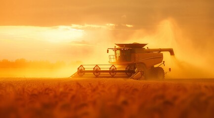 Fototapeta premium A combine harvester reaps a wheat field at sunset.