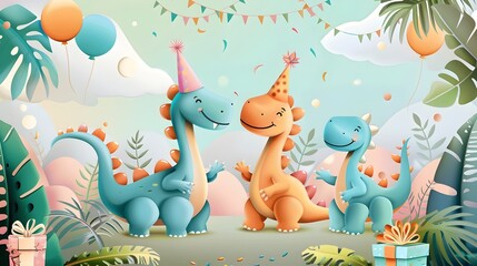 Naklejka premium Adorable Dinosaur Friends Celebrate Birthday with Hats and Gifts