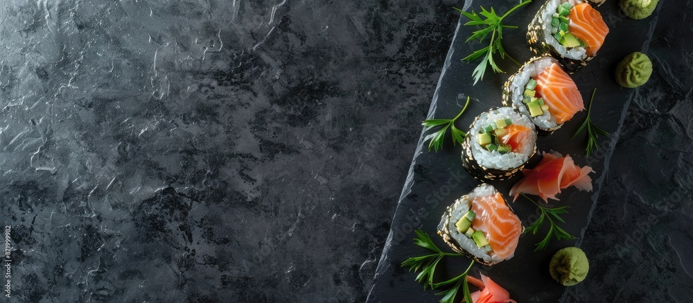 Poster uramaki sushi rolls displayed on a slate board with copy space image.