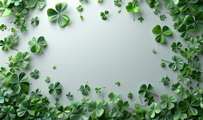 Fototapeta premium abstract st patrick day background, paper clover leaves, confetti on white table top view flat lay.stock image