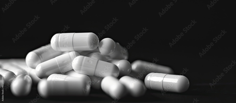 Poster white pills or capsules contrast against a black backdrop, creating an ideal copy space image.