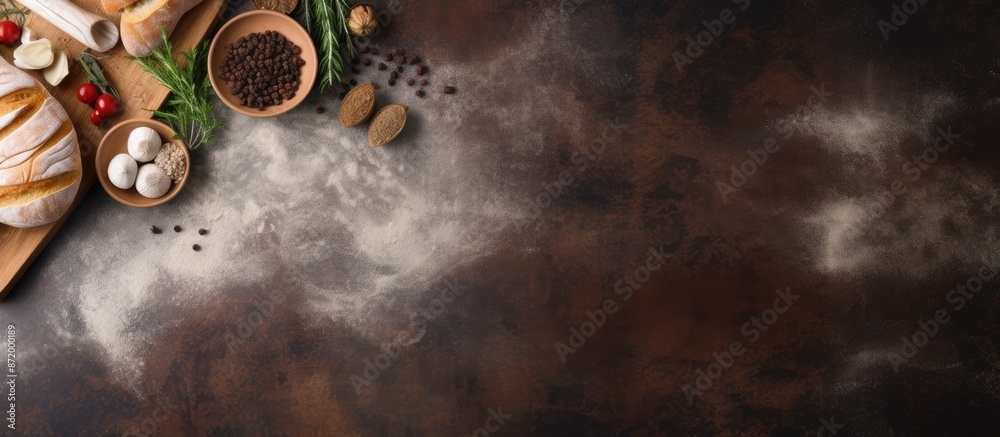 Poster Stone background adding copy space for food or baking recipe concept with a cutting board for pizza or bread on a table. Panoramic top view in flat lay style.