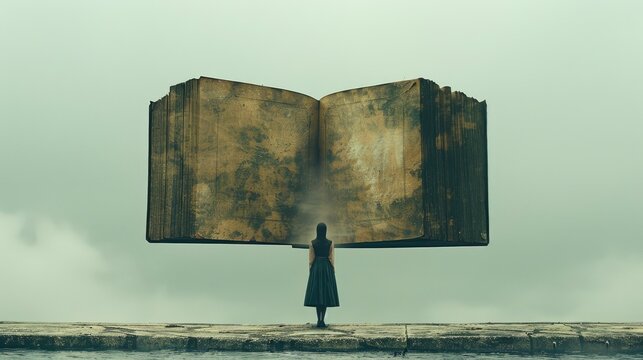 Minimalist, surreal digital art of a floating book, above a calm ocean, muted colors, - Powered by Adobe