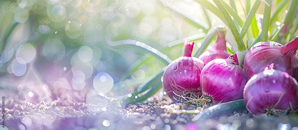 Poster Nature scenes featuring onions growing in a garden with selective focus and ample copy space image.