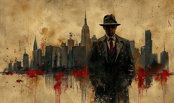 italian mafia gangster near vintage classic car on background of american city contemporary art collage.illustration