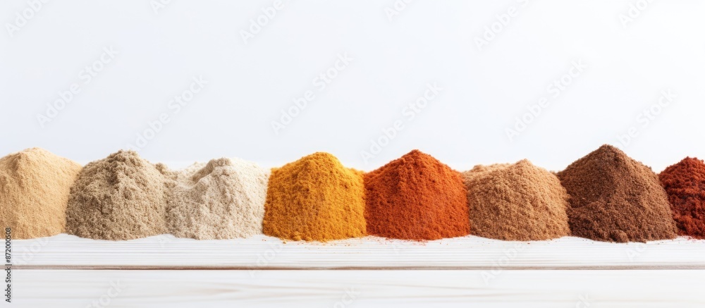 Poster Close-up view of powdered spices on a white wooden surface with ample copy space for text or images.