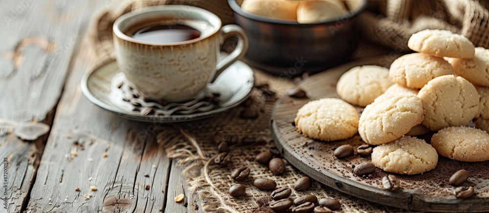 Poster Italian Savoiardi cookies and coffee displayed in a rustic style setting with selective focus on a copy space image.