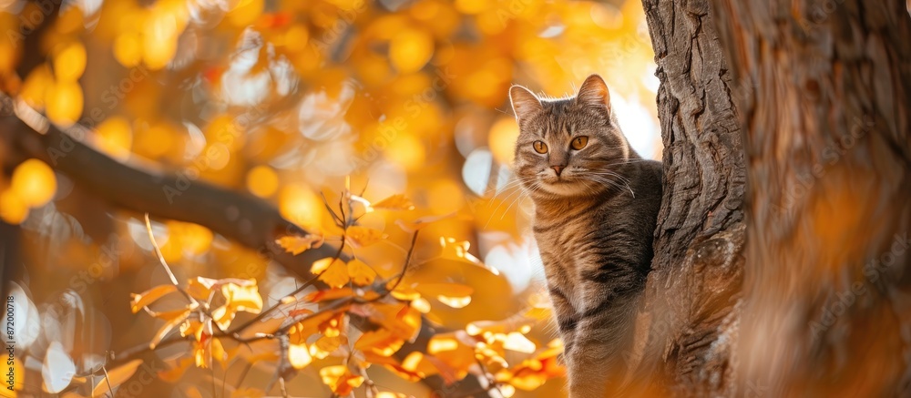 Poster Autumn scene with a cat positioned on a tree, with copy space image.