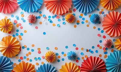 Fototapeta premium labor day concept flat lay composition, usa flag color decorations paper fans, confetti on white background happy labor day columbus day banner design.stock image