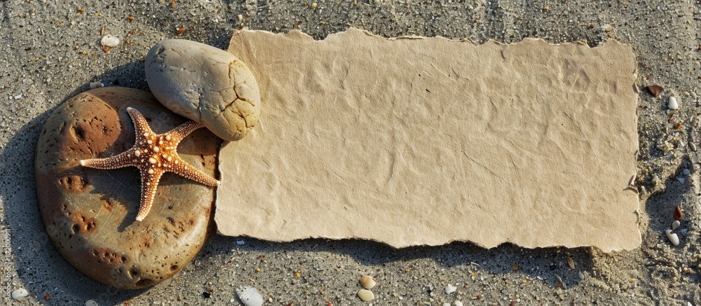 Aufkleber A blank sheet of paper rests on sandy beach, next to a stone featuring a small seastar, creating a serene scene with copy space image.