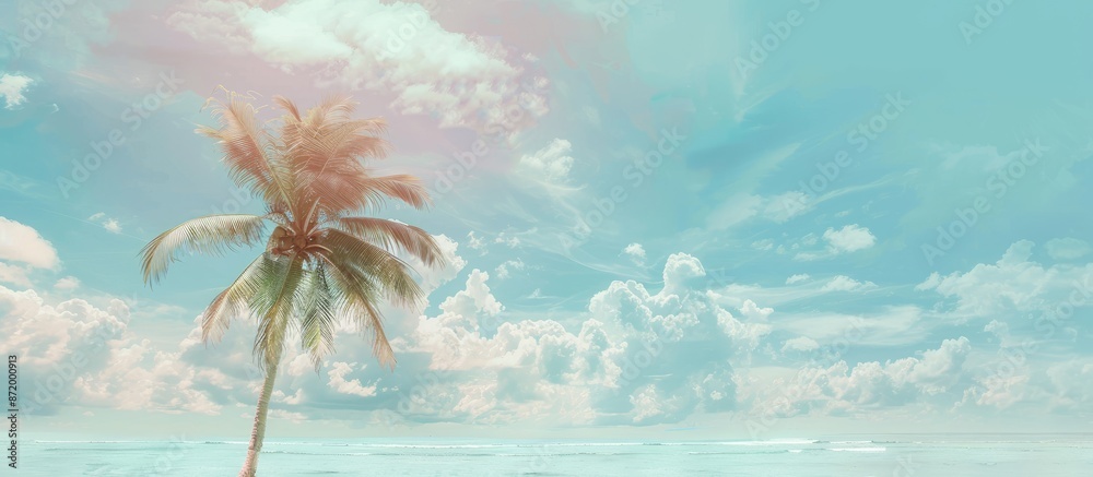 Poster Copy space image of a beach in summer with a palm tree against a blue sky dotted with clouds, featuring pastel hues and a soft, blurred background.