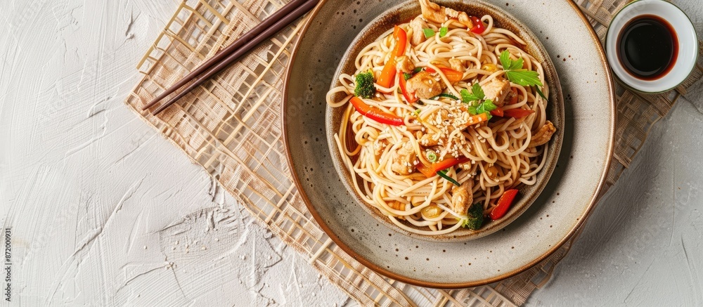 Poster a plate of chicken and vegetable soba noodles sits on a stand with soy sauce and sesame seeds, next 