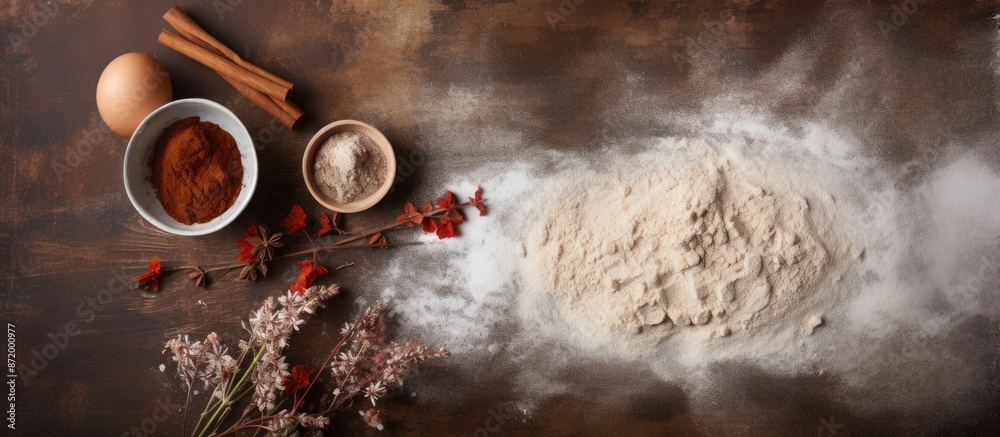 Poster mixing bowl with flour and cocoa powder along with various ingredients for cooking a healthy meal at